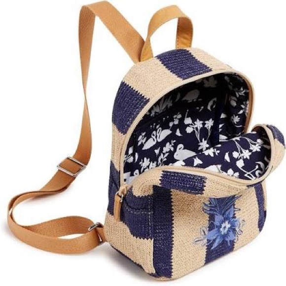 Vera Bradley Mini Straw Navy Stripe Floral Embroidered Backpack NWT - Picture 2 of 5